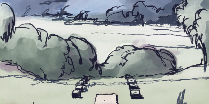 Concrete foundations litter the valley floor